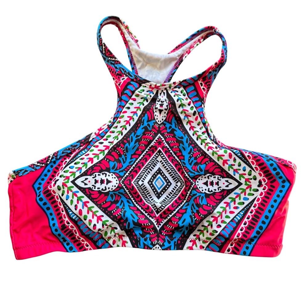 Pink Geometric Tribal Print High Neck Racerback Bikini Top Keyhole Detail